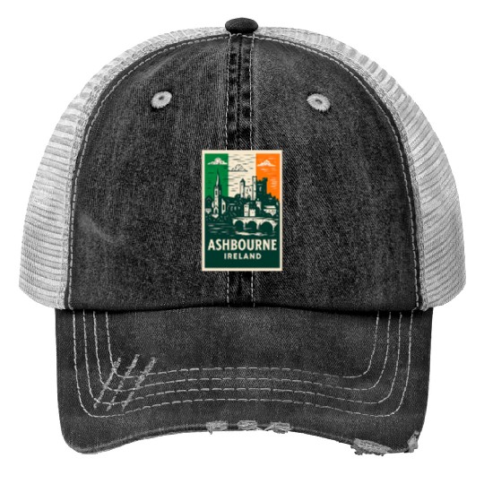 Irish Villagescape with Castle and Church Print Trucker Hats