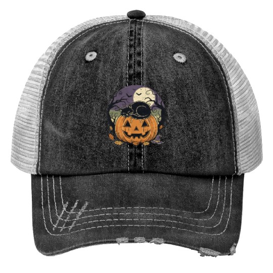Spooky Cat Nap Pumpkin | Halloween Party Design Print Trucker Hats