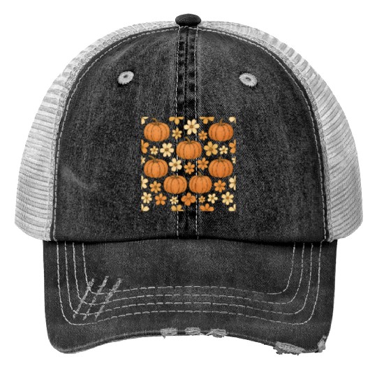 Autumn Pumpkin and Flower Pattern Print Trucker Hats