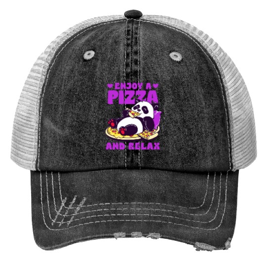 Cute Panda Enjoying Pizza Illustration Print Trucker Hats