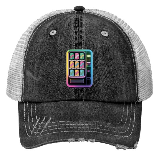 Y2K Cyber Vending Machine with Iridescent Drinks Print Trucker Hats
