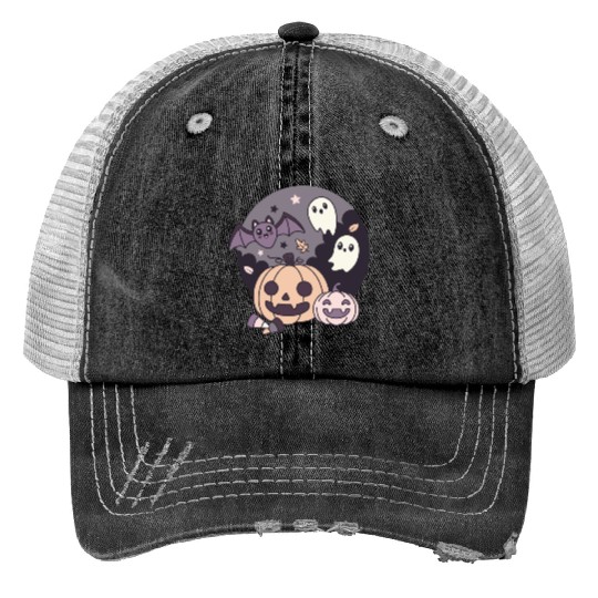 Halloween Kawaii Pumpkin Ghost Bat Print Trucker Hats
