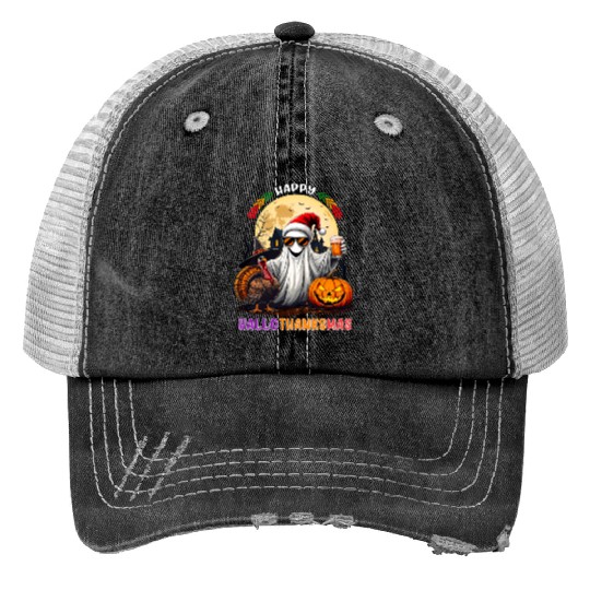 Happy Hallothanksmas Halloween Thanksgiving Xmas Print Trucker Hats