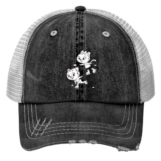 Black-and-White Leopard Cubs Ice Skating  Print Trucker Hats