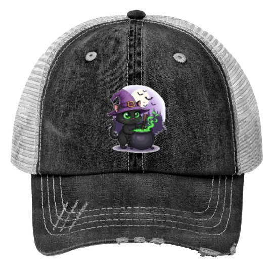 Enchanting Witch Cat Under Full Moon Print Trucker Hats