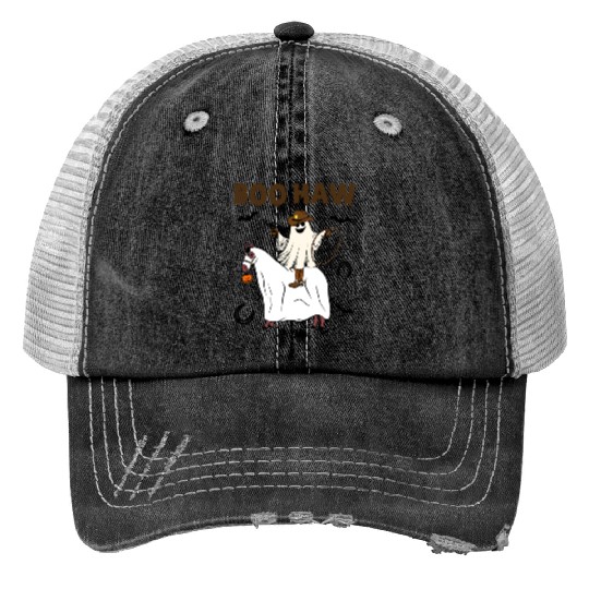 Boo Haw Halloween Ghost Cowboy Western Print Trucker Hats