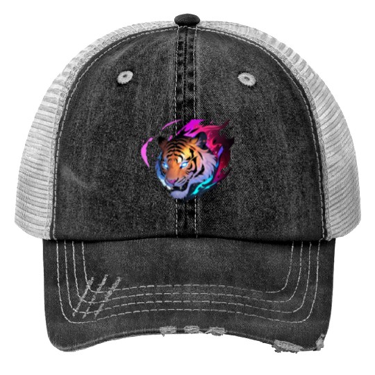 A fierce tiger head with glowing blue eyes Print Trucker Hats