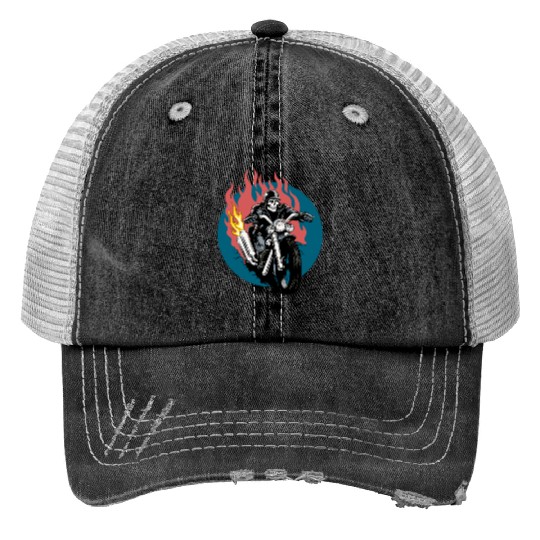 Skull Rider on Flaming Motorcycle Print Trucker Hats
