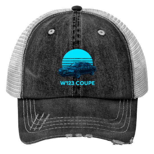 Black W123 Coupe – Neon Retro 80s Style Automotive Print Trucker Hats
