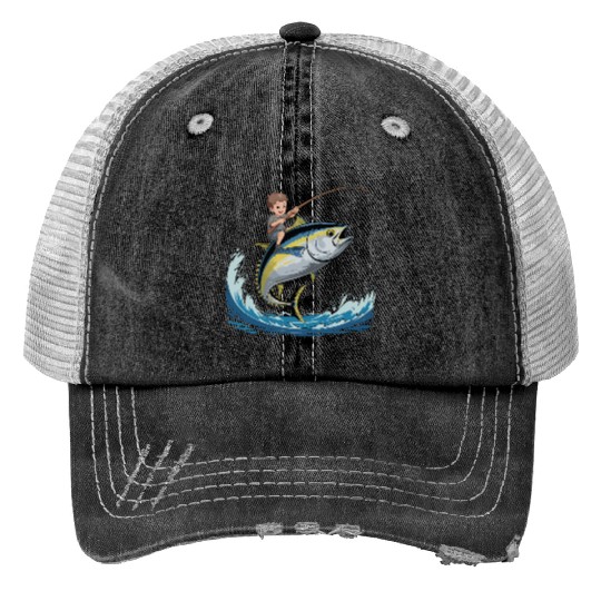 Joyful young boy rides massive jumping tuna Print Trucker Hats