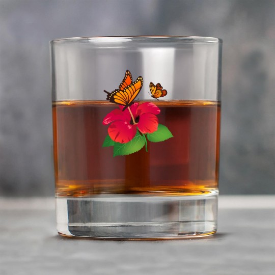 Hibiscus Flower and Monarch Butterfly Nature Rock Glasses