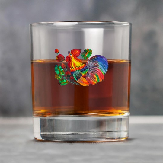 Magic cock. Petrykivka painting. Rainbow rooster Rock Glasses