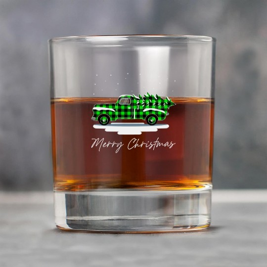 Truck Merry Christmas Buffalo Plaid Green Xmas Rock Glasses