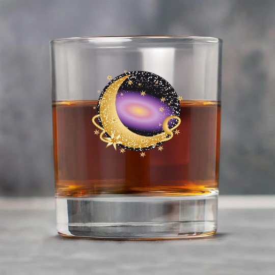 glowing violet galaxy with moon and stars Rock Glasses