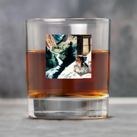 A painting girl sitting a bed looking out a windo Rock Glasses