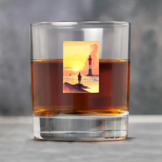 Serene Sunrise Beach Scene with Lighthouse and Fis Rock Glasses