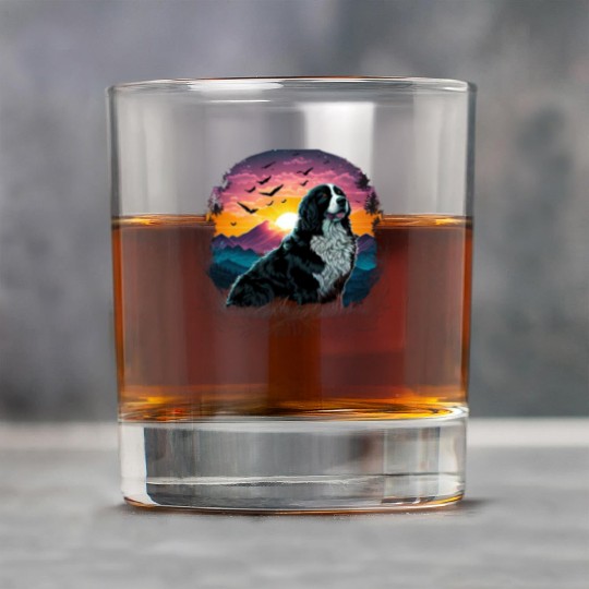 Bernese Mountain Dog with Mountain Sunrise view Rock Glasses