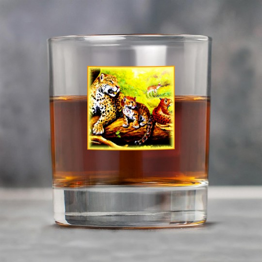 Jaguar Mom and Cubs Relaxing in Jungle. Buy Now Rock Glasses