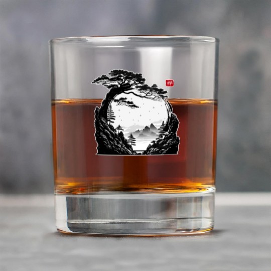 Japanese Zen Circle Landscape Buddhism Bonsai Tree Rock Glasses