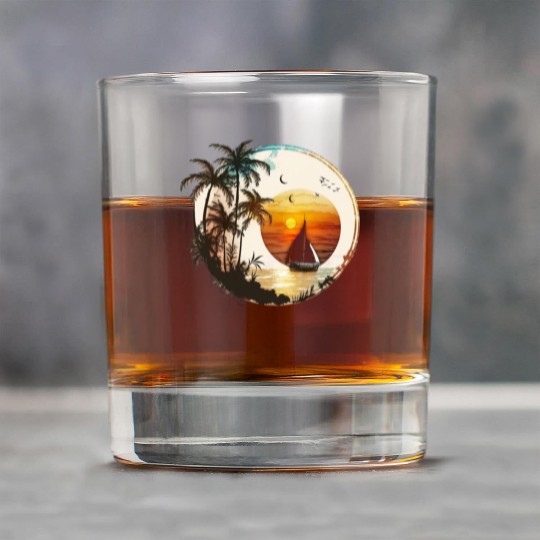 Beach Sunset Sailboat Palm Trees Ocean Vacation 2 Rock Glasses