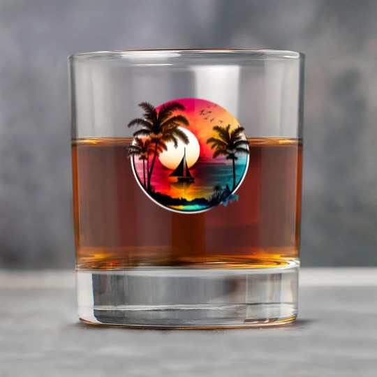 Beach Sunset Sailboat Palm Trees Ocean Vacation 1 Rock Glasses