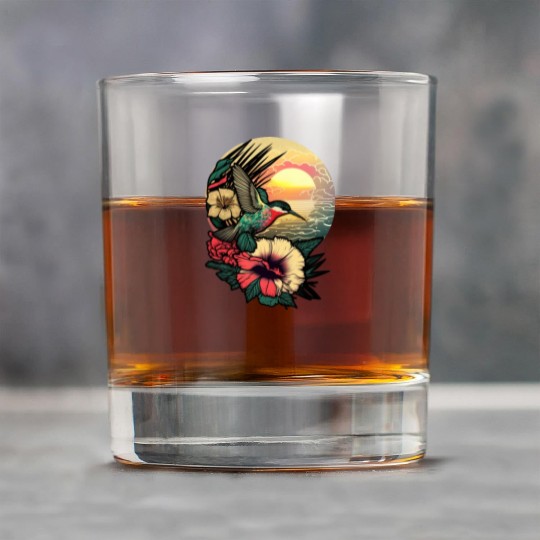 Hummingbird flies over hibiscus flower Tropical Rock Glasses
