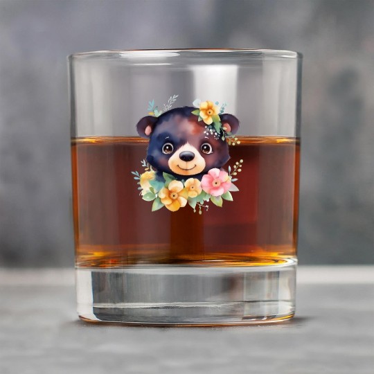 Black and Brown Forest Bear Watercolor Floral Rock Glasses