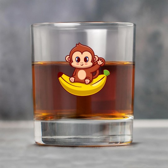 Cute Monkey Sitting On Banana Cartoon Rock Glasses