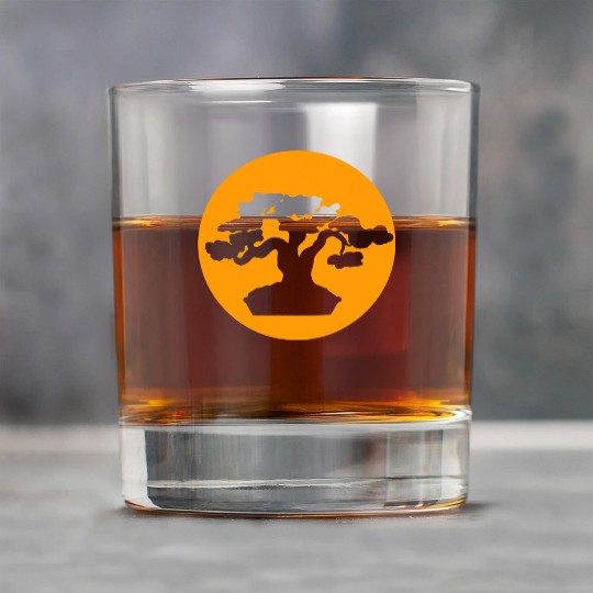 Japanese Bonsai Tree with Orange Sunset Rock Glasses