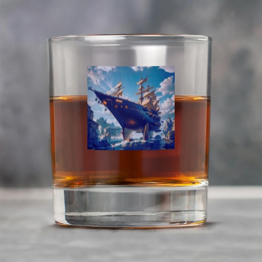 Steampunk Ship Sailing in Ocean with Castle Rock Glasses