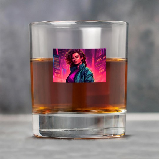 Girl in front of a Neon Pink Cityscape Rock Glasses