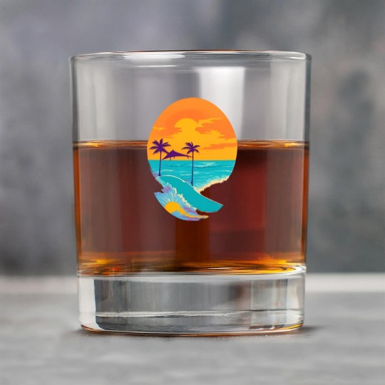 Golden Horizon: Serene Sunset & Surfing Paradise Rock Glasses