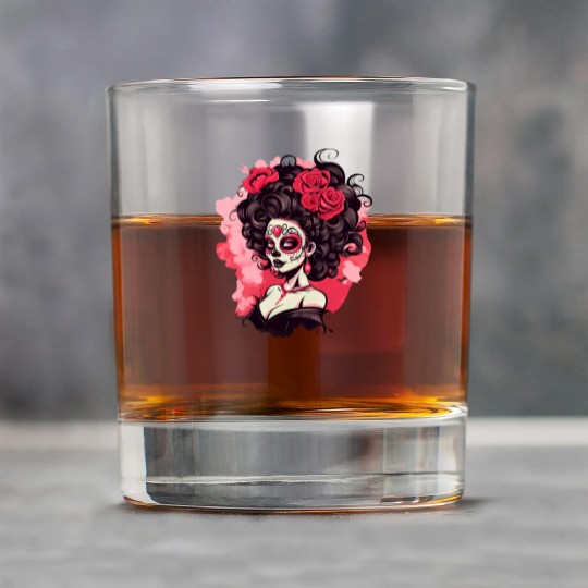 Dia de los muertos woman sugar skull with flowers Rock Glasses