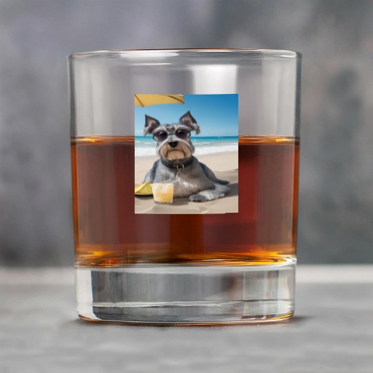 Schnauzer Chilling at Beach with a Drink Rock Glasses