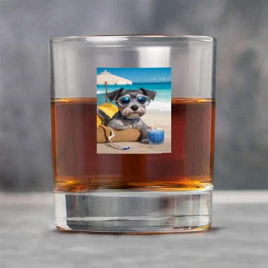 Schnauzer Chilling at the Beach with a Drink Rock Glasses