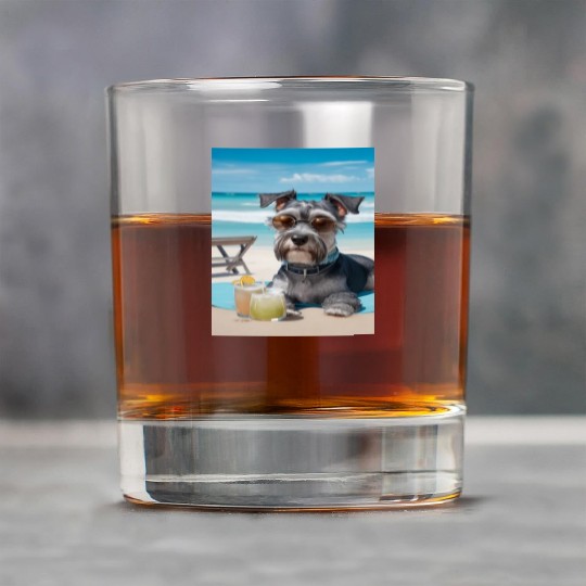 Schnauzer Chilling at the Beach with a Drink Rock Glasses