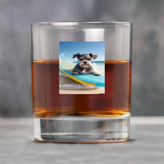 Schnauzer Surfing at Beach On A Surfboard Rock Glasses