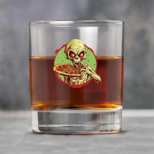 Green Alien with Pizza: Halloween Fast-Food Fun Rock Glasses
