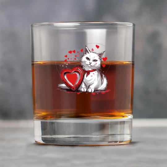 Valentines Day White Cat With Red Heart Box Rock Glasses