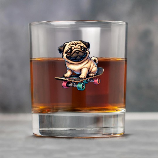 Skateboarding Pug, Dog Skateboarder Rock Glasses