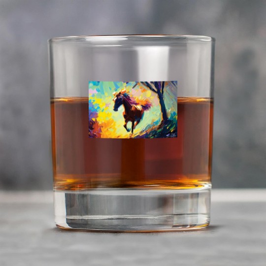 Oil Painting Style Running Horse Signed Rock Glasses