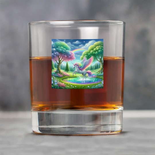 Enchanted Rainbow Unicorn Over Sparkling Pond Rock Glasses