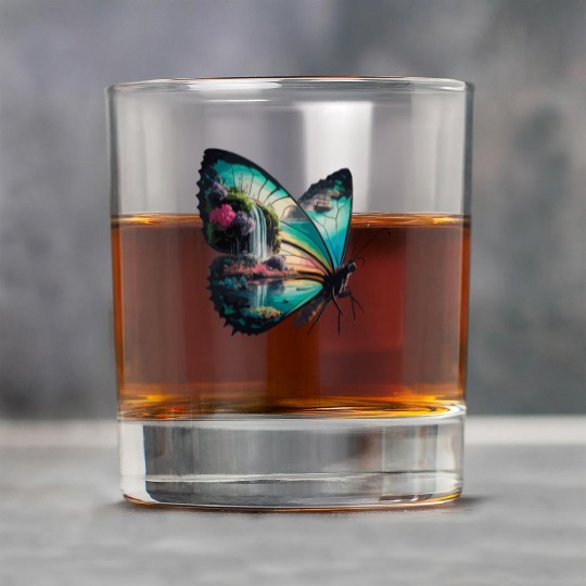 Vivid Butterfly Waterfall Nature Scene Rock Glasses