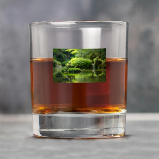 Serene Pond with Bird on Mossy Rock Rock Glasses