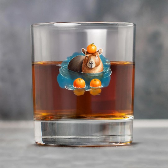 Blissful Capybara in the Water with Oranges Rock Glasses