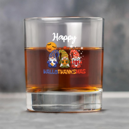Happy Hallothanksmas Halloween Thanksgiving Gnome Rock Glasses