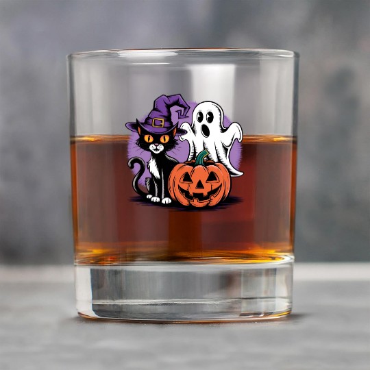 Spooky Black Cat Pumpkin boo ghost Halloween Rock Glasses