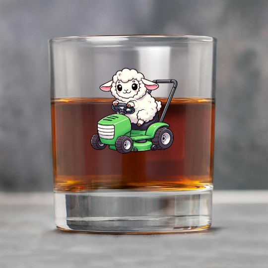 Funny sheep lawn mower farmer lamb grass Rock Glasses