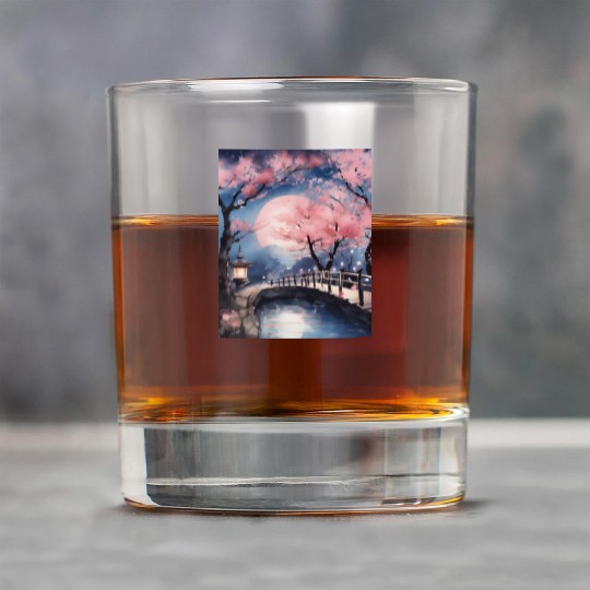 Watercolor cherry blossom festival full moon Rock Glasses