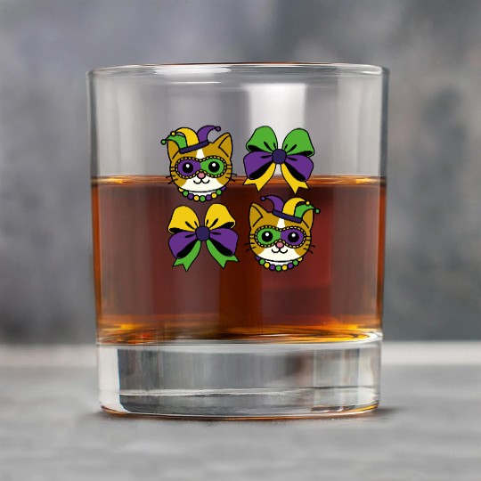 Mardi Gras Cat with Colorful Bows Rock Glasses